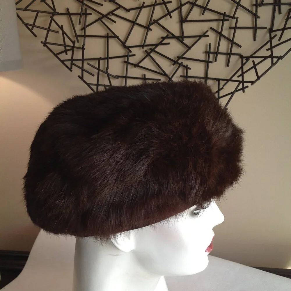 Vintage Bamberger's NJ Real Fur Brown Mink? Pillbox Hat Union Made - Picture 4 of 9